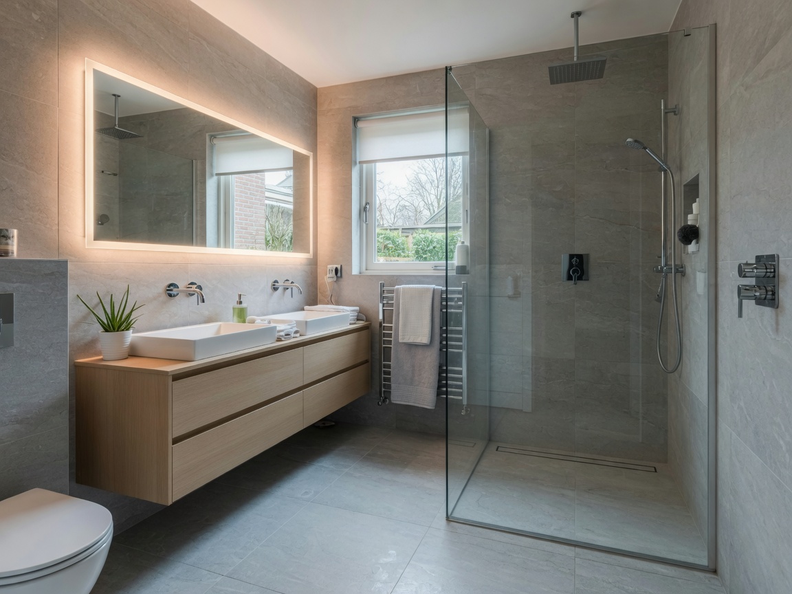 Moderne badkamer met eiken meubel en inloopdouche
