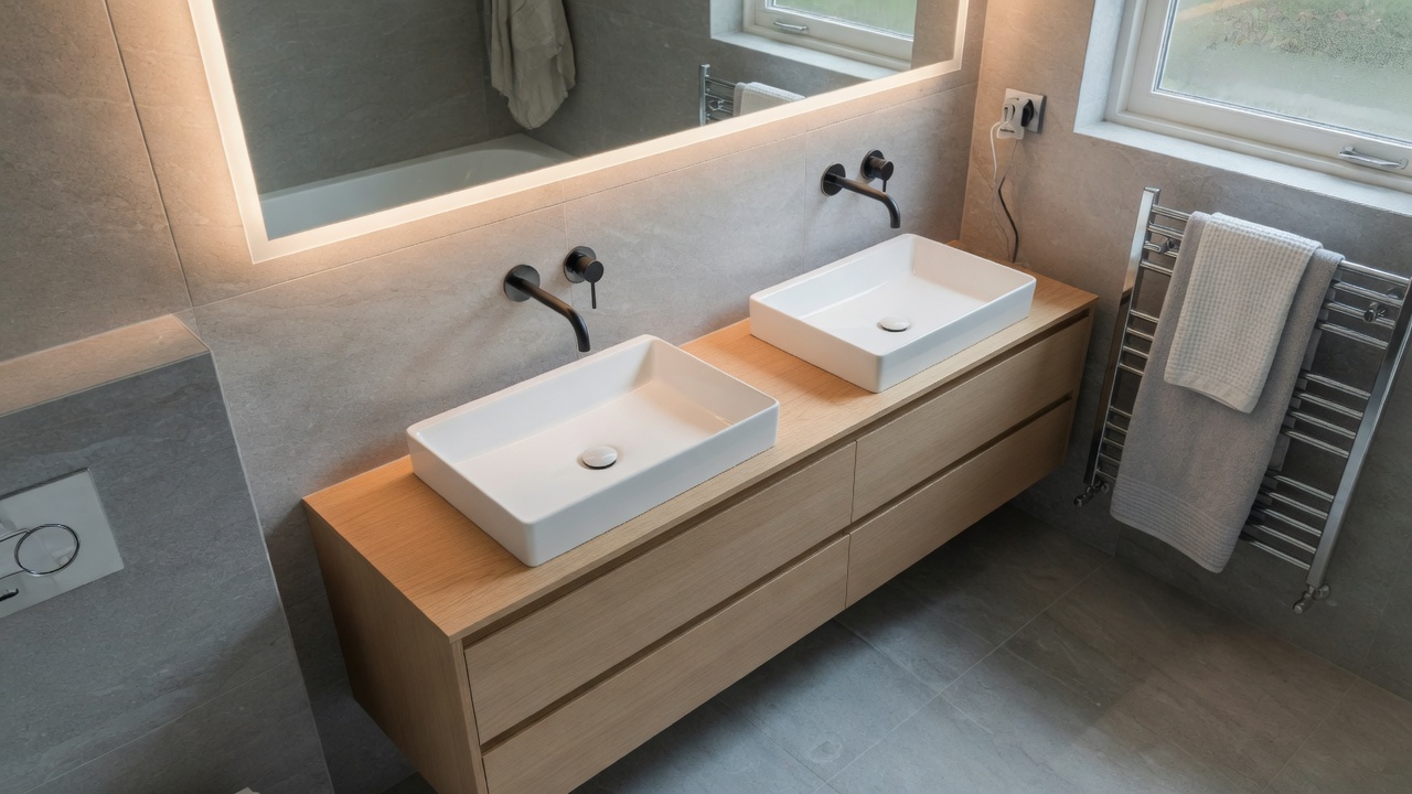 Dubbele wastafel in licht eiken met LED-spiegel