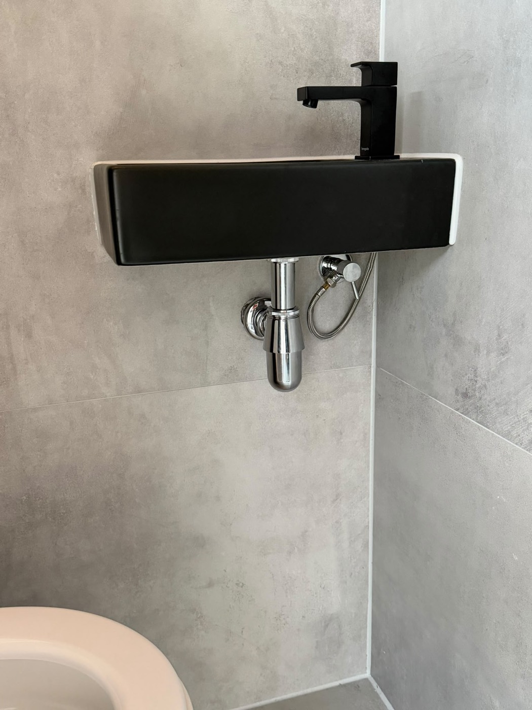Profiel van de zwarte design wastafel met zwarte kraan, toilet renovatie Groene Hart Badkamers