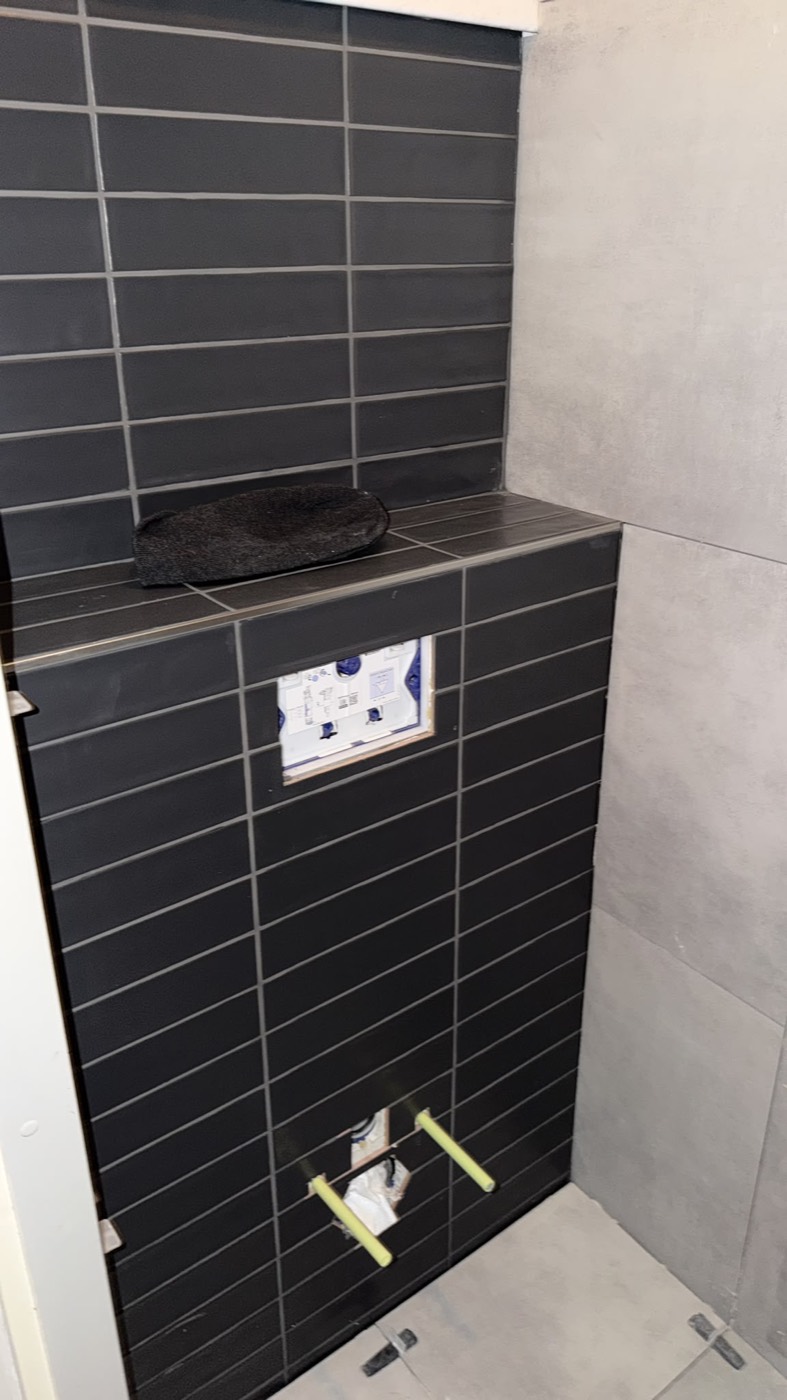 Zwarte tegelwand met sparing voor de bedieningsplaat, toilet verbouwen Alphen aan den Rijn